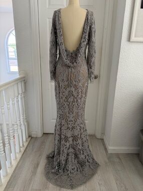 Marchesa: Designer Silver Beaded Embroidered Damask Lace Long Sleeve Gown